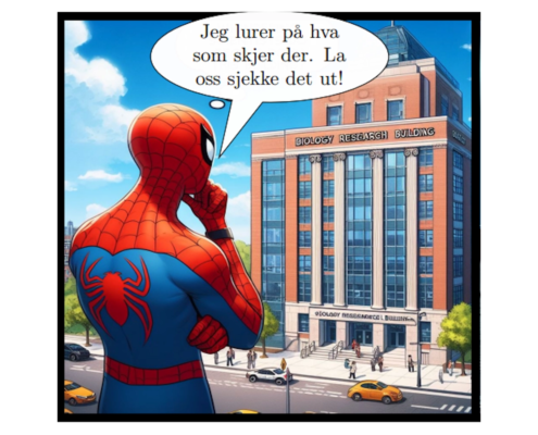 Tegneseriespiderman står utenfor en bygning - han sier: Jeg lurer på hva som skjer der. La oss sjekke det ut!